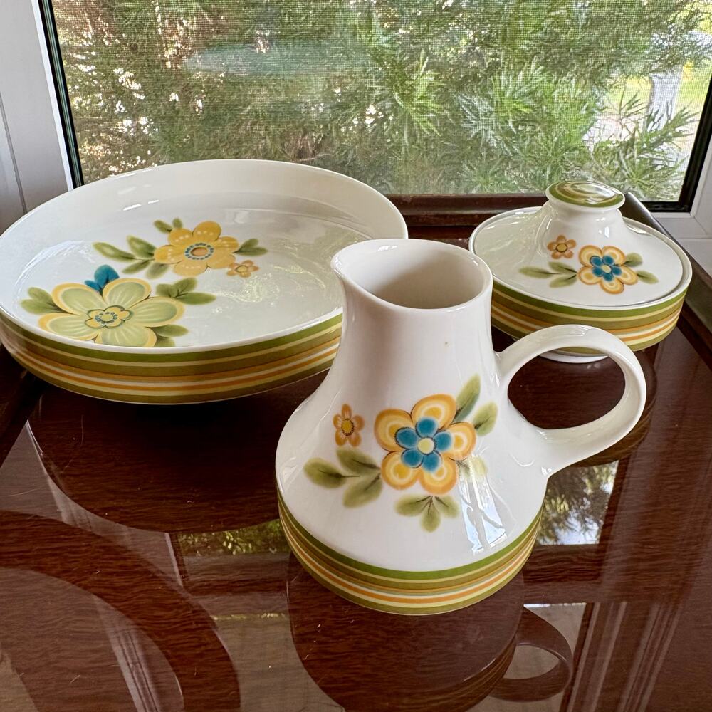 Noritake Chestnuthill Floral Stoneware Bowl, Creamer, and Sugar Set Vintage